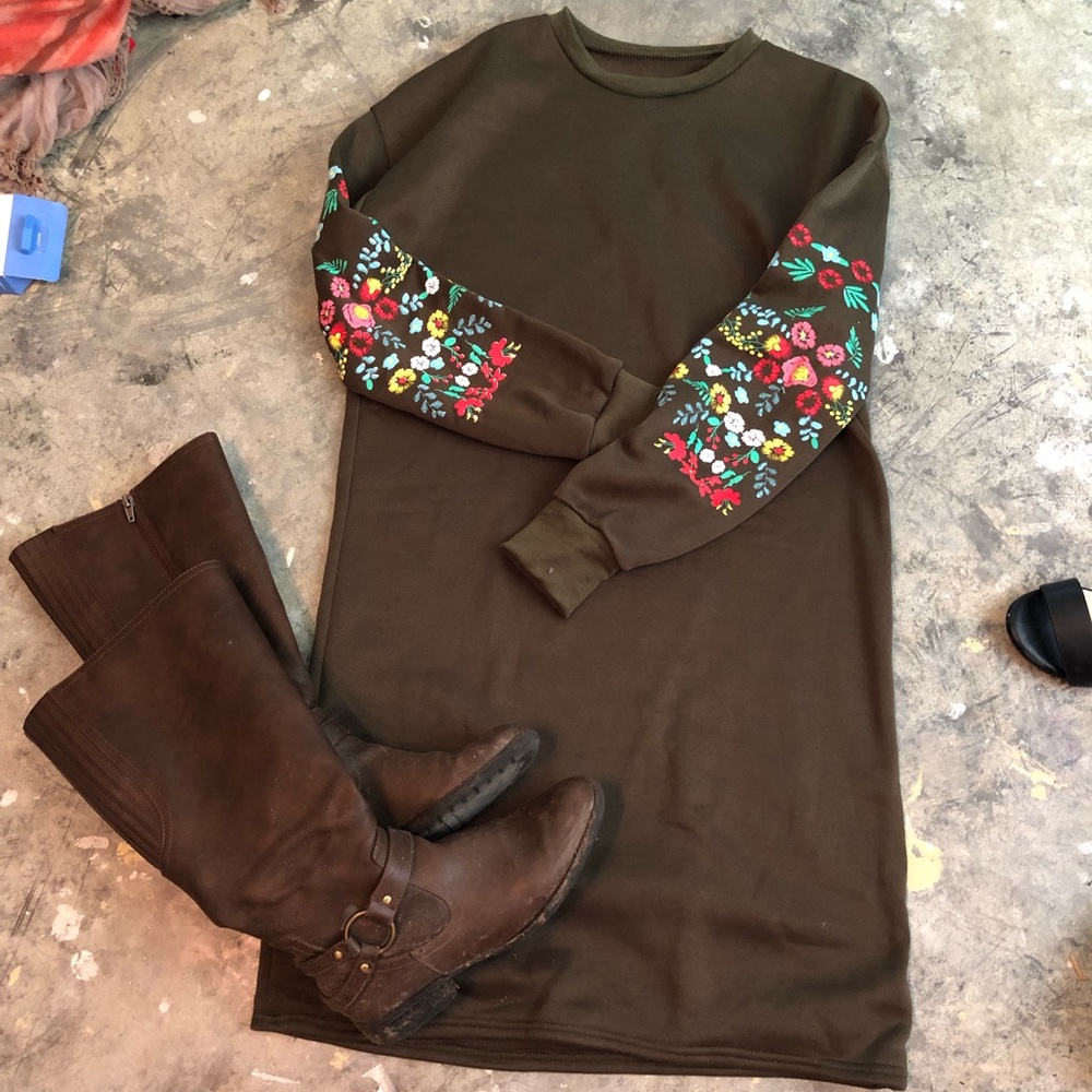 Hunter green, flower sweater dress